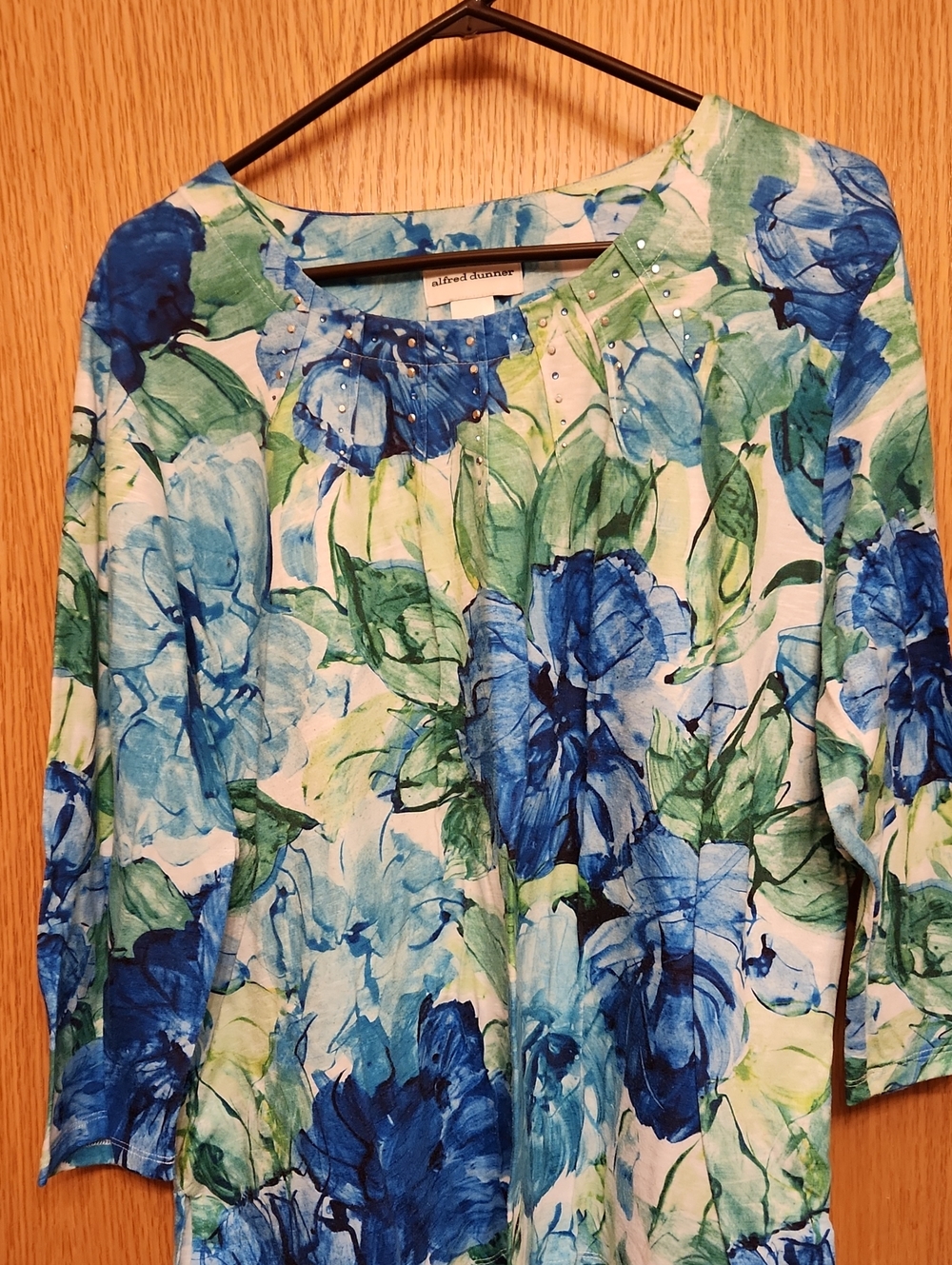 Alfred Dunner Blue and Green Floral Tunic Top with Stud Detail